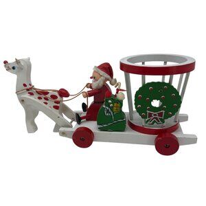 Vintage Wooden Santa Sleigh Reindeer Figurine Red White Holiday Christmas Kitsch
